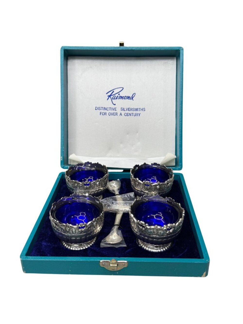 Vintage Raimond Silversmiths Cobalt Blue Glass Salt Cellars w/ Spoons Caviar NEW